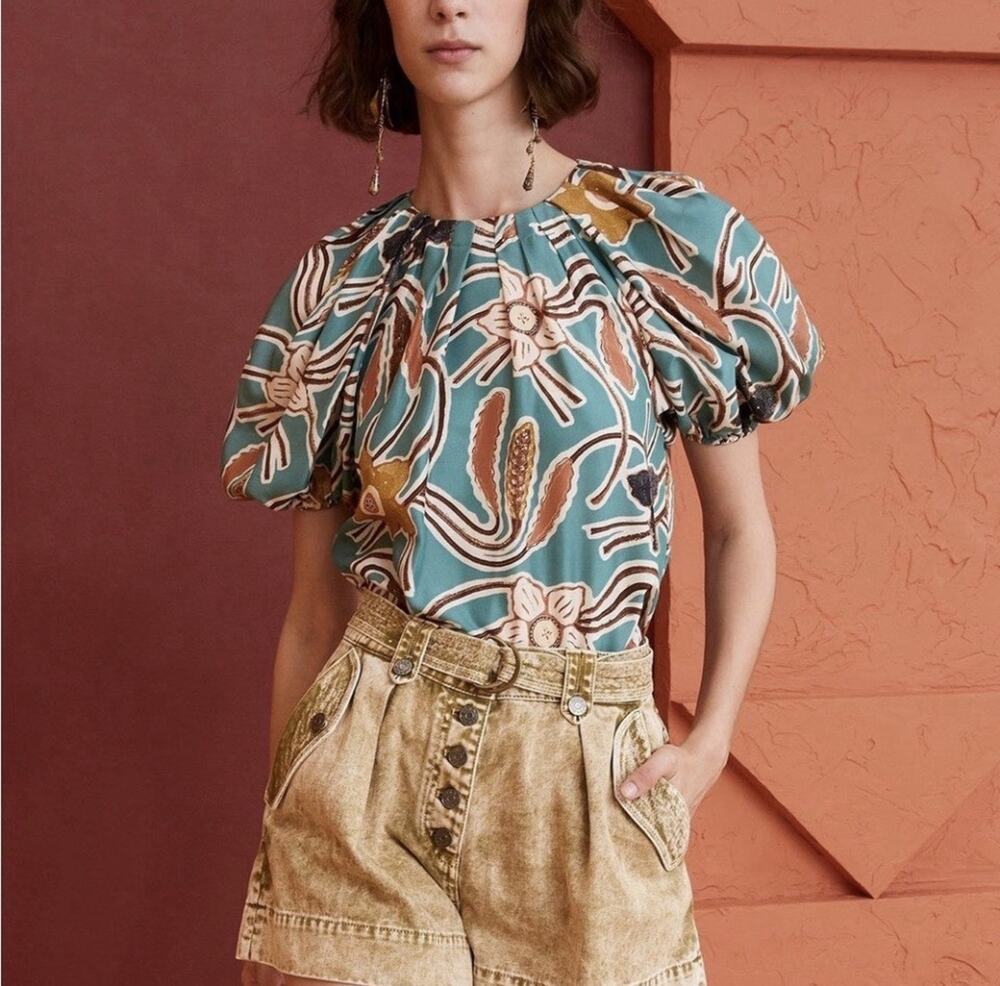 Ulla Johnson Topaz Floral 100% Silk Anila Pleated Puff Sleeve Blouse Size 2 i25